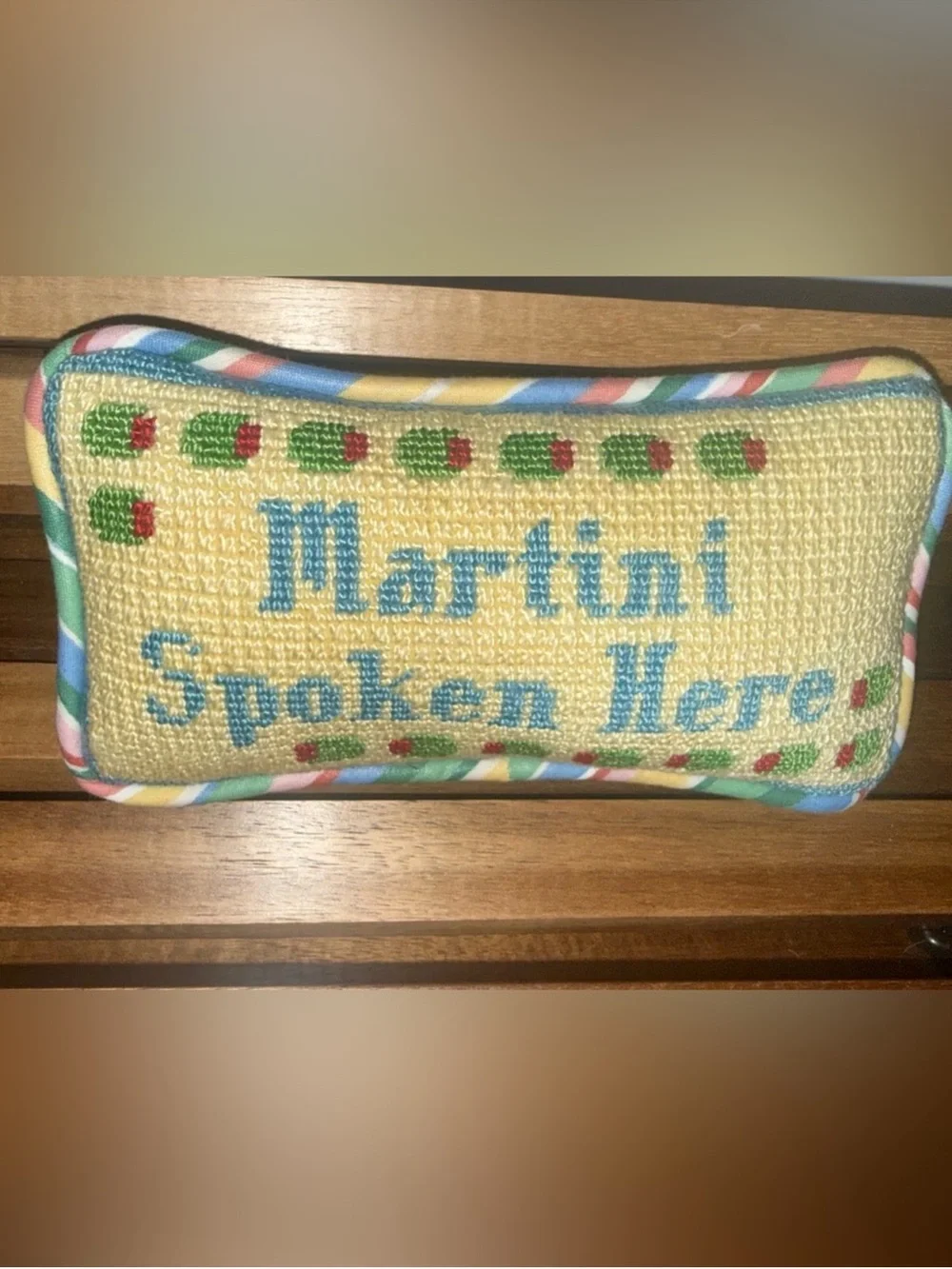 NWOT Rare Martini Spoken Here Needlepoint Pillow Colorful Trim Bar Decor